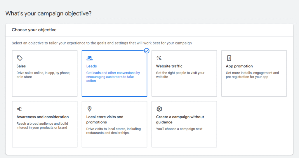 Screenshot of Google campaign setup - Campaign objective