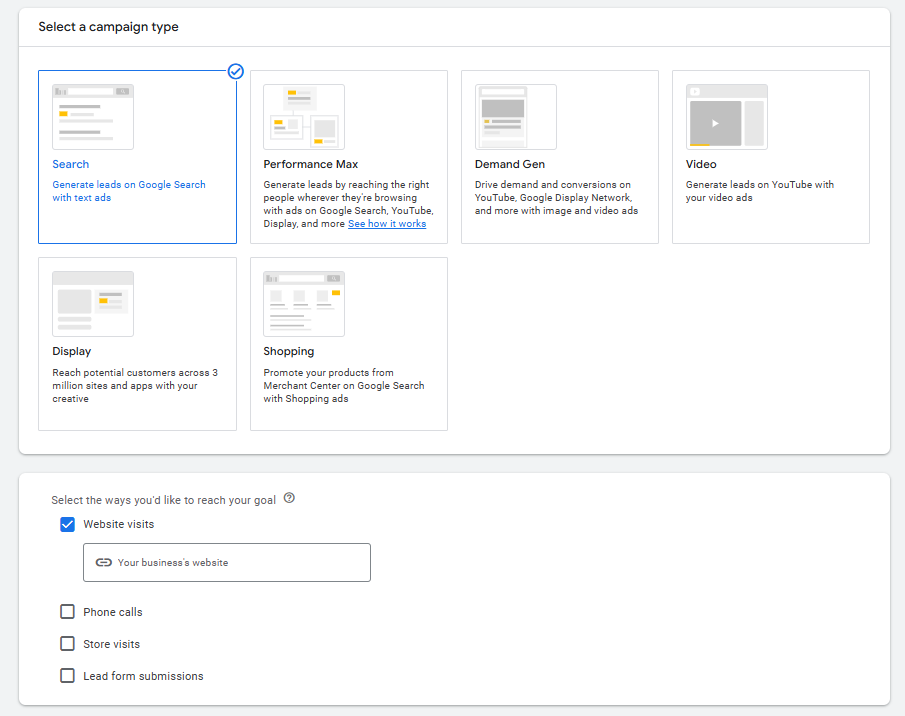 Screenshot of Google campaign setup - Campaign type